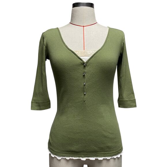 Vintage R Doll Womens Size S Green Layered Lace V Neck Ribbed Shirt - Picture 2 of 8